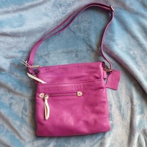 Danier Leather plum crossbody purse with 7 sections, adjustable, rainbow inside